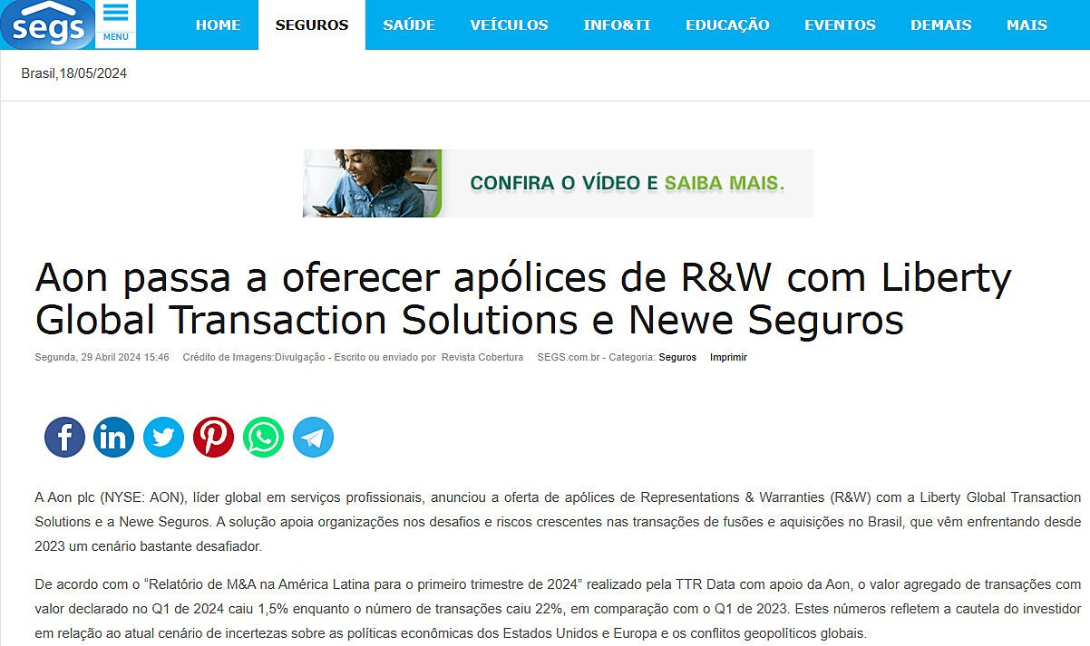 Aon passa a oferecer aplices de R&W com Liberty Global Transaction Solutions e Newe Seguros